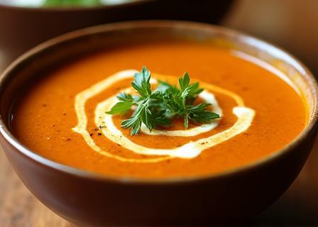 Close-up of a soup bowl with garnish